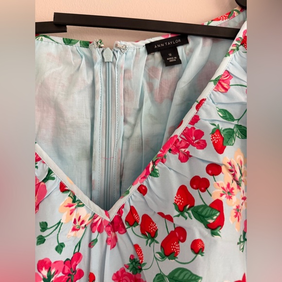 NWOT Ann Taylor Red Floral Aqua Blue V-neck Flutter Sleeve Cotton Midi Dress 12 - Picture 7 of 12